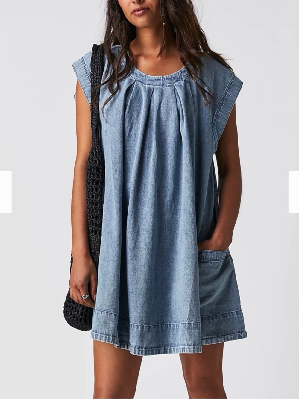 Free People Marcel Mini Dress Denim Short Sleeve Swing Babydoll Small 100%Cotton